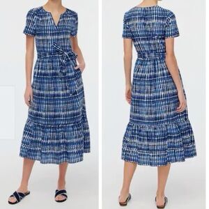 J.Crew Blue 100% Cotton Tie Waist Tiered Midi Maxi Dress Lined Modest Size 12
